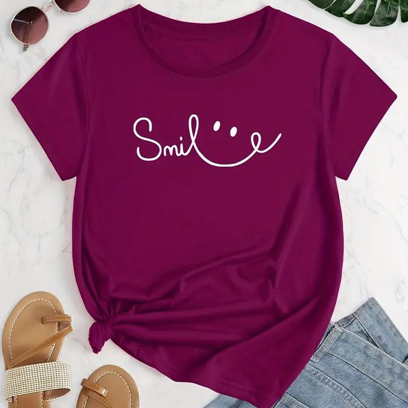 Women Summer T Shirt  Print Smiling Graffiti Short Sleeve Tees Casual   Printed  Tops