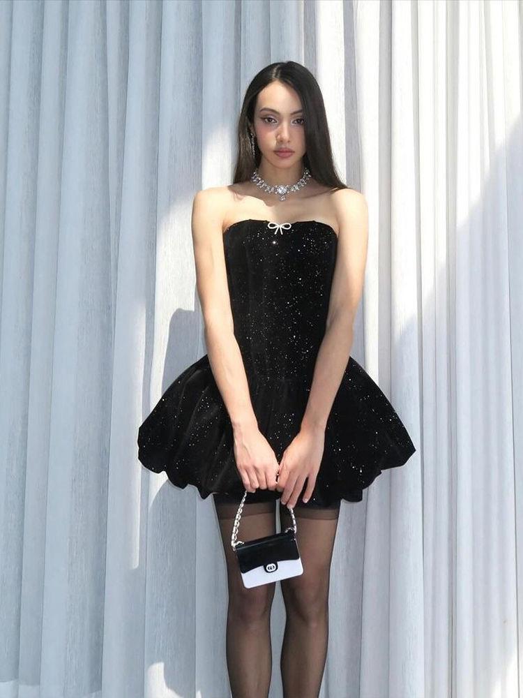 

Sancokis Французский сладкий и пряный стиль Благородный и сверкающий сексуальный без бретелек юбка-фонарик утягивающее и стройнящее платье для женщин M чёрный