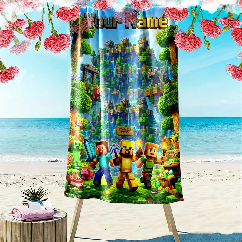 Name Custom Mine World Building Print Beach Towel, Large Soft Quick Dry Towel for Beach Camping Swimming