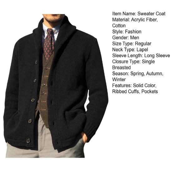 Lapel Long Sleeve Pockets Ribbed Cuffs Thickened Cardigan Sweater Men Autumn Winter