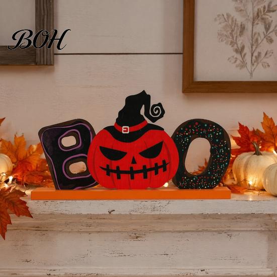 Creative Festival Table Signs Wooden Halloween Ornament, Trick or Treat/Boo/Happy Desktop Decoration Decorative Wood Lettering with Ghost Wizard