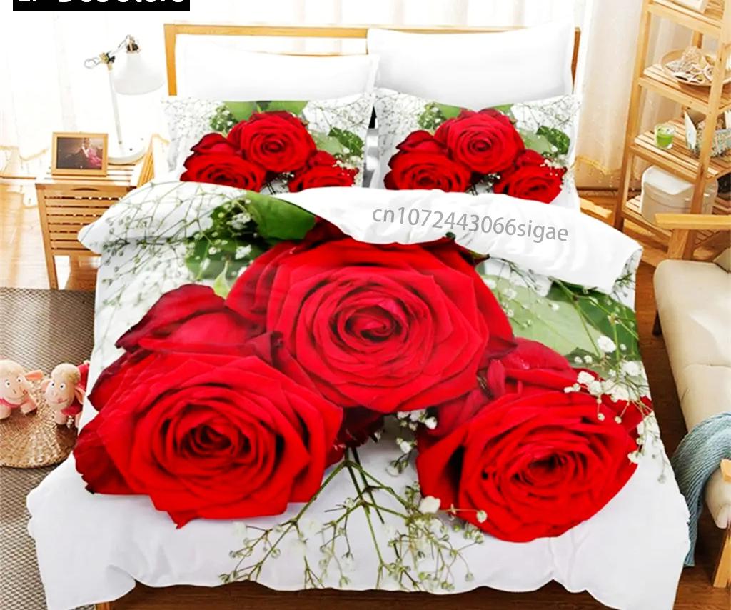 Flower Duvet Cover Set Bed Single Red Rose Quilt Cover 3D Comforter Bedding Sets 3pcs with Pillow Case King Size Full Wedding