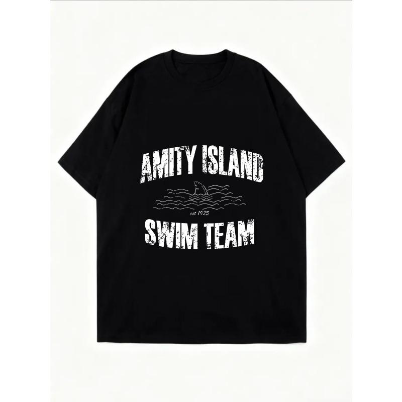 Vintage Black Oversized T-Shirt with Distressed Shark Fin & Wave Print – "AMITY ISLAND SWIM TEAM" Fun Retro-Themed Top
