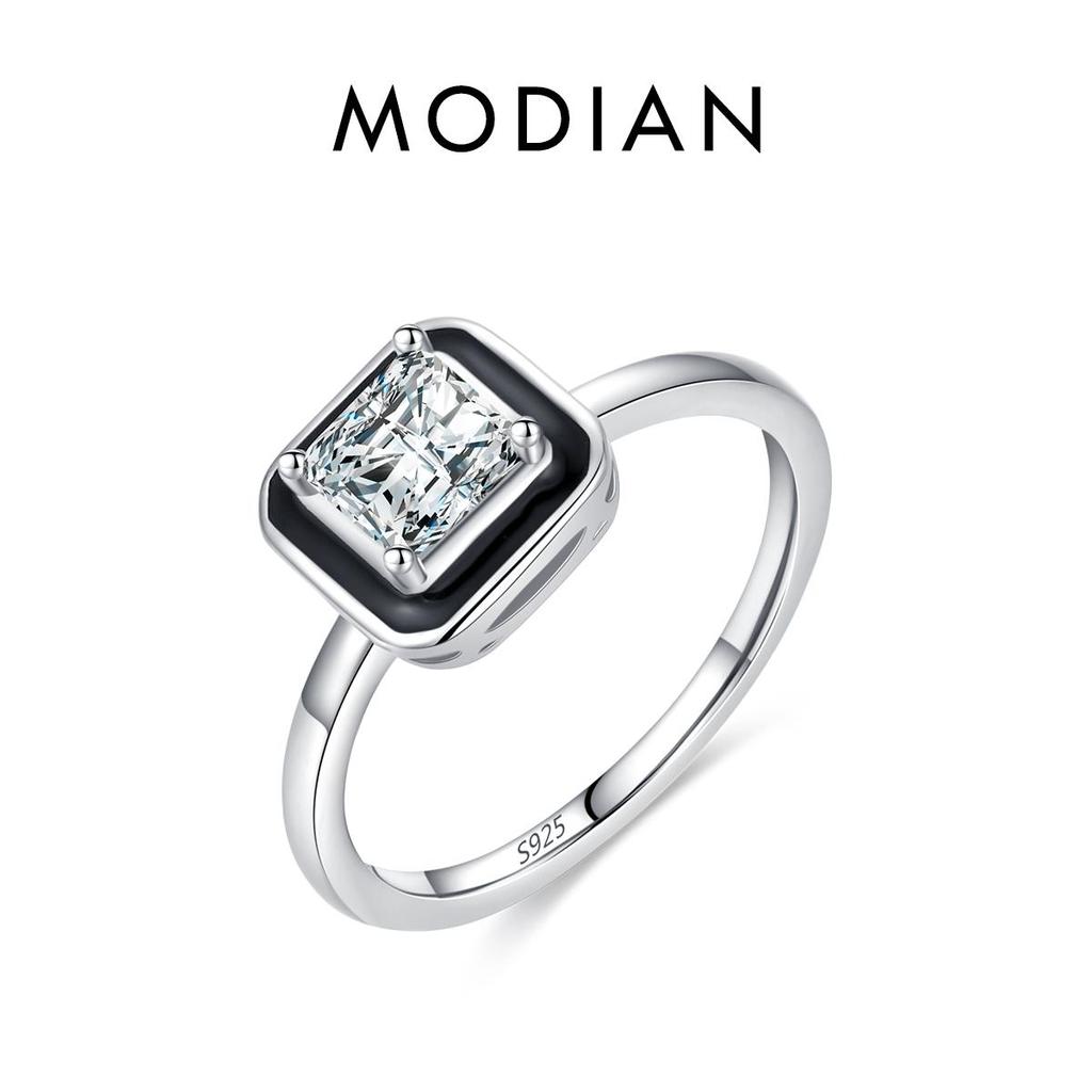 MODIAN 925 Sterling Silver Elegant Black Enamel Zircon Finger Ring Eternal Love Ring For Women Engagement Wedding Fine Jewelry