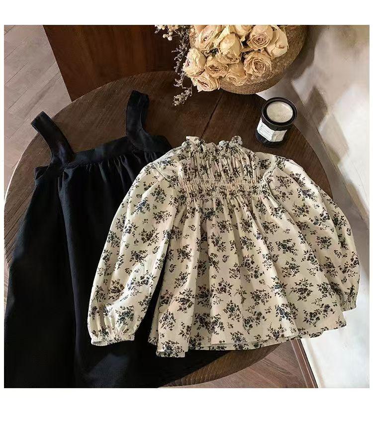 2024 Autumn Korean Mori Style Girls' Floral Shirt & Suspender Skirt Set