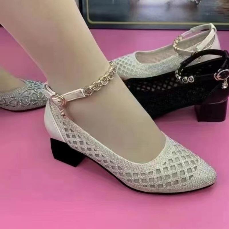 Women's Ankle Strap Heeled Shoes  Summer Retro Bling Breathable Single Shoes for Women Dress Office Shallow Ladies Pumps