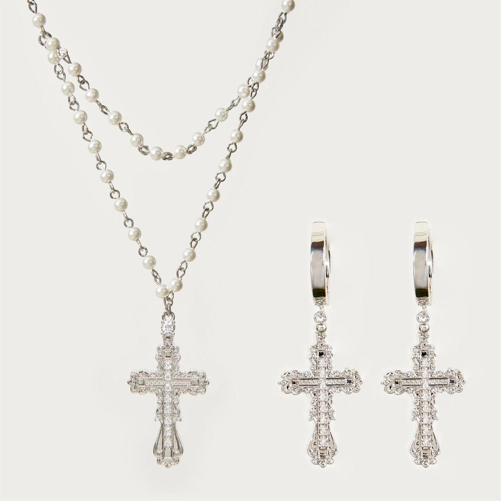 Cross Necklace Set For Women With Pearl Chain And Gemstone Pendant For Style Jewelry