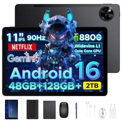 POCKAM P11 Android 16 Tablet, 11 Inch Tablet with 48GB+128GB, 90Hz, 8800mAh, Gemini AI, Widevine L1, Face ID, 5G WIFI, Pen, Keyboard