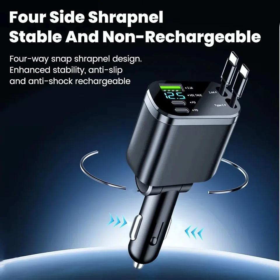 5 In 1 150W Car Charger with 2 Retractable Cables USB Type C Super Fast Charging Adapter with Voltage Display for iPhone & Android