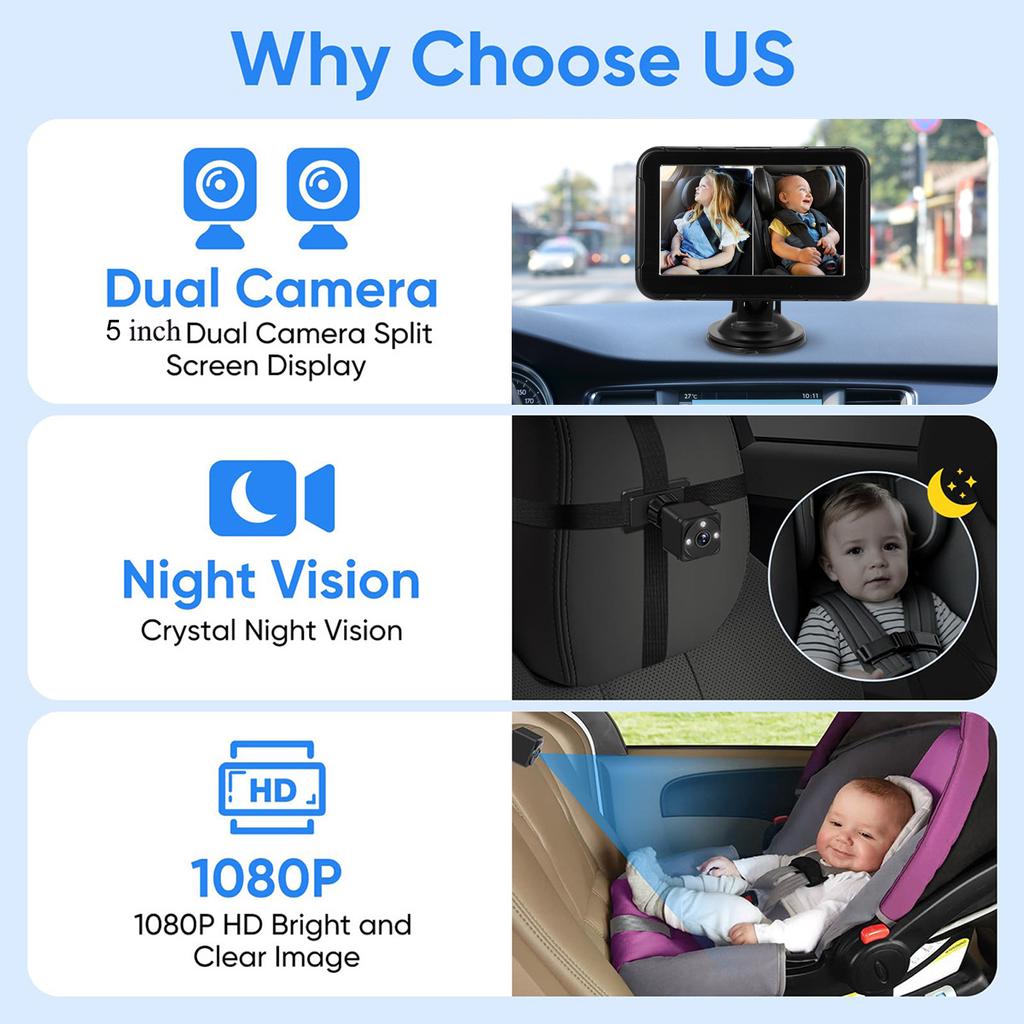 Baby Car Camera Dual Channel 5 Inch 1080P Car Baby Camera Display with 2 IR Night Vision Camera and 150 Degrees  Wide