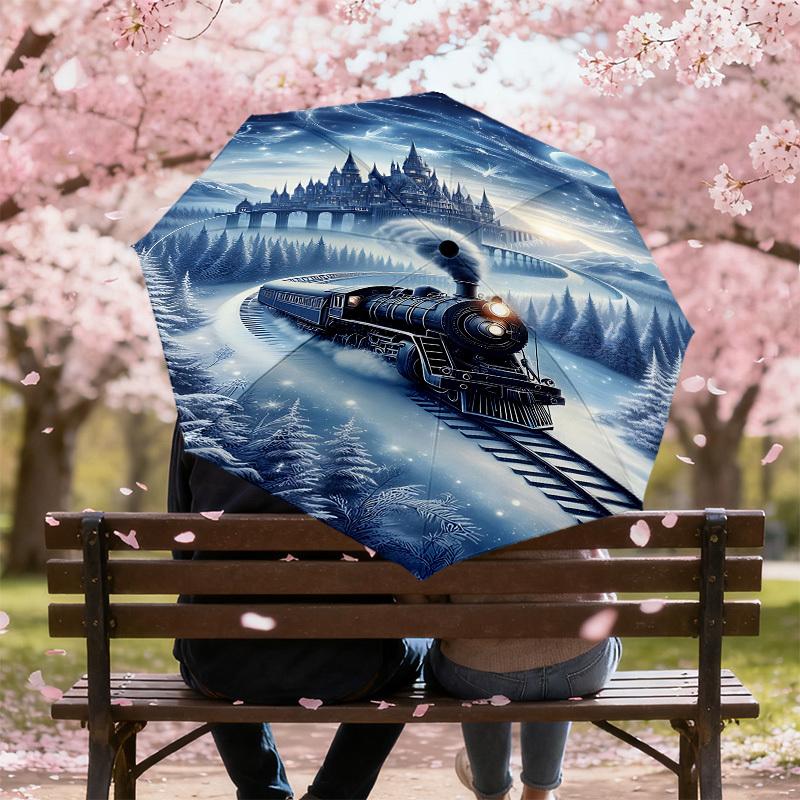 1PC Castle Train Automatic Open/Close Umbrella with Windproof, 8-Rib Sturdy Canopy, Durable Ribs, Fashionable Design, Outdoor Accessory, Fun Prin, Hol