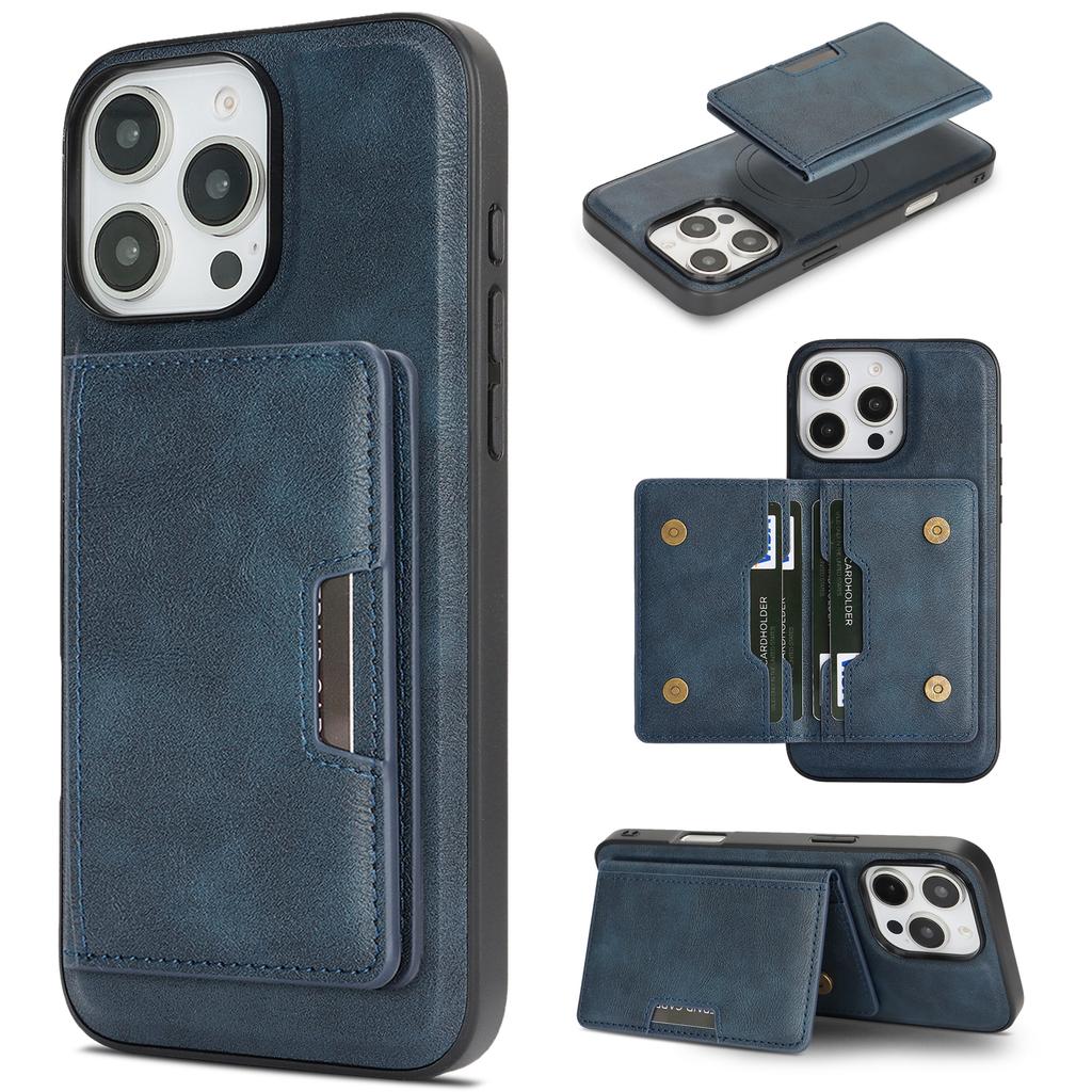 For iPhone 15 Pro Kickstand Case Bi-fold Card Bag PU Leather Coated TPU Cover Compatible with MagSafe