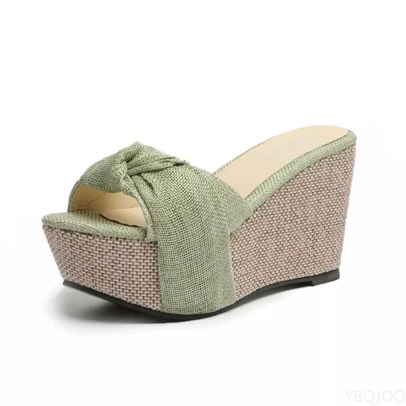 Fashionable Fish Mouth Cool Slippers New Slope Heel Summer Beach Shoes Solid Color Large Size Bow Decoration Sandals Daily