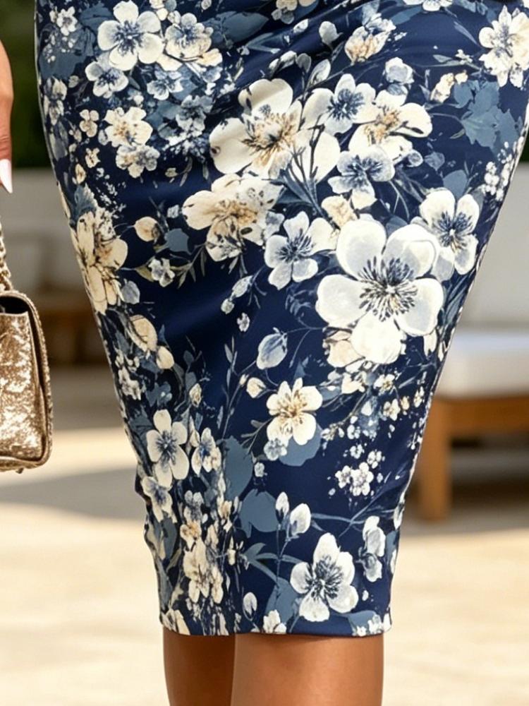 Summer Women's One Shoulder Midi Dress Floral Print Navy Blue Bodycon Sundress
