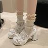 Comemore Bowknot Cute Mary Jane Shoes for Women Platform High Heeled Cross Strap Pumps Belt Buckle Lolita Shoes