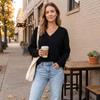 Women's Loose Fit V-Neck Knit Sweater Casual Versatile Top for Everyday Wear