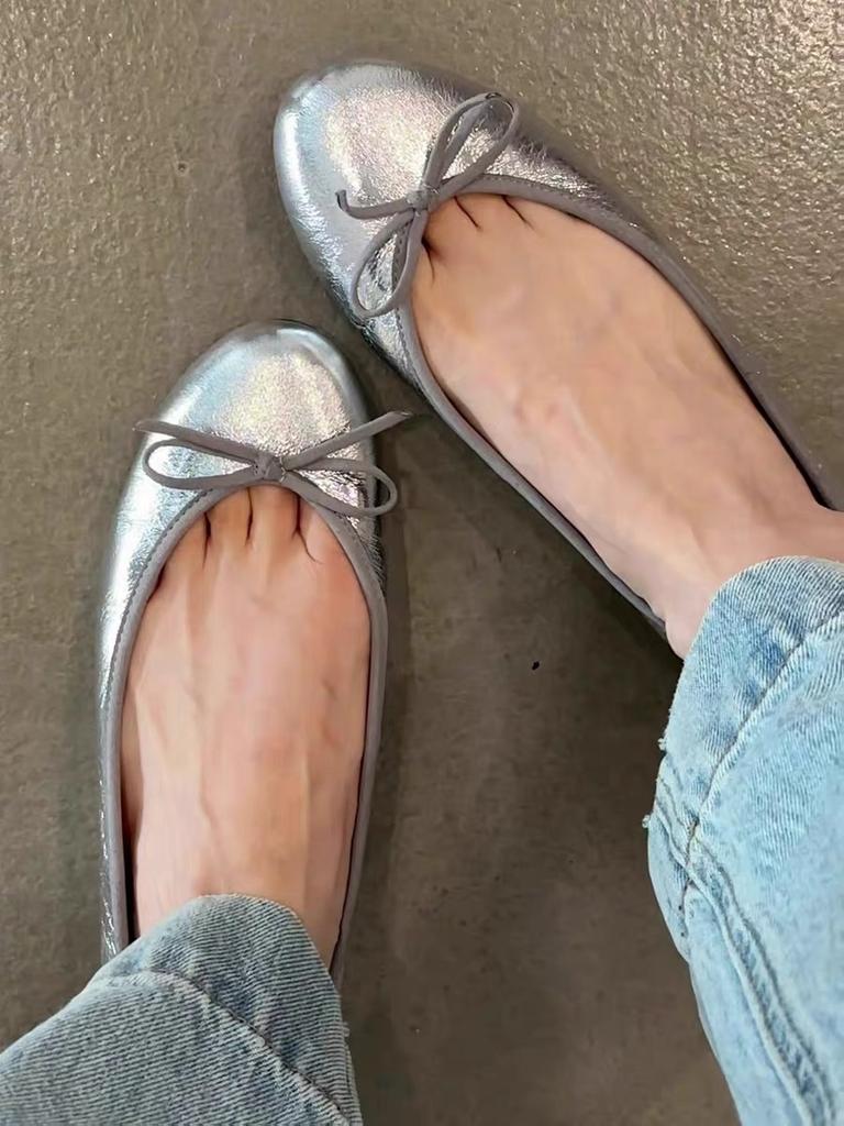 Sheepskin version~ Gentle retro bow flat-bottomed ballet shoes for women's comfortable soft-soled round head one-pedal light-mouth single shoes