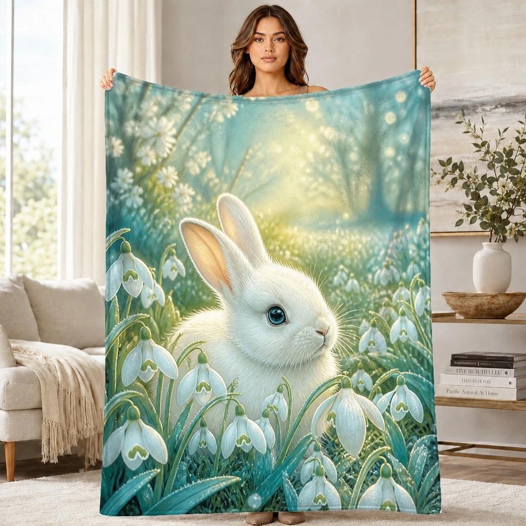 White Rabbit Snowdrop Meadow Coral Fleece Blanket Woodland Decor