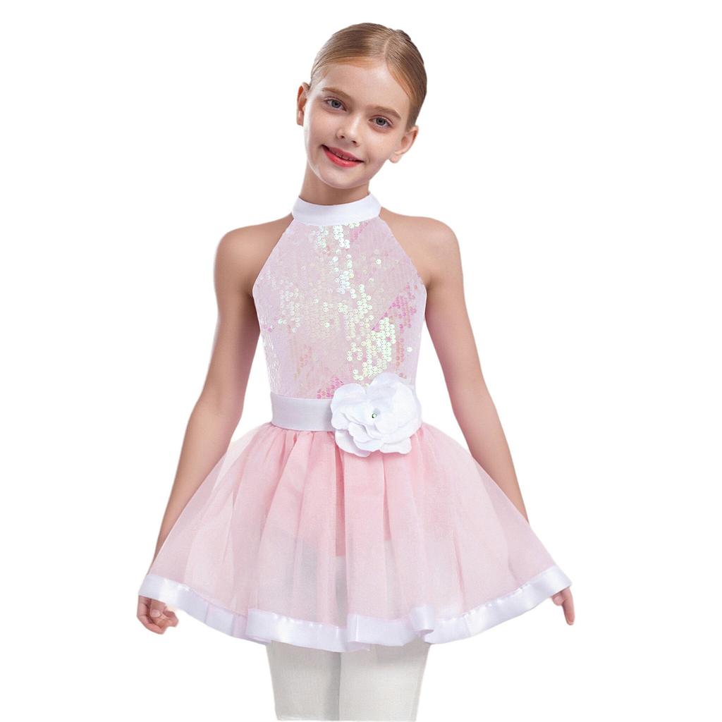 Girls Shiny Sequins Layered Tulle Ballet Dance Dress Sleeveless Cutout Back Tutu Dress Built In Briefs Skirt