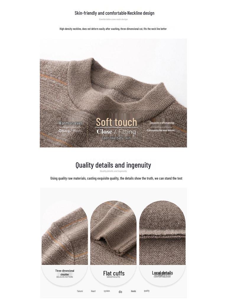 Men's 100% Pure Cashmere Thickened Fleece-Lined Winter Sweater - Solid Color, Round Neck, for Middle-Aged.
