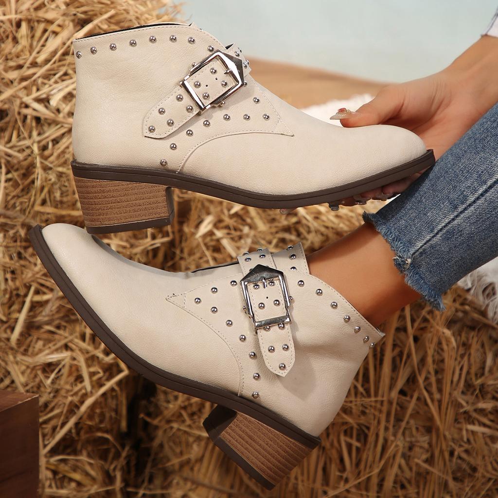 Women Ankle Boots 2025 New Low Heel Casual Pointed Toe Short Boots Designer with Rivet Comfortable Shoes Zapatillas De Mujer