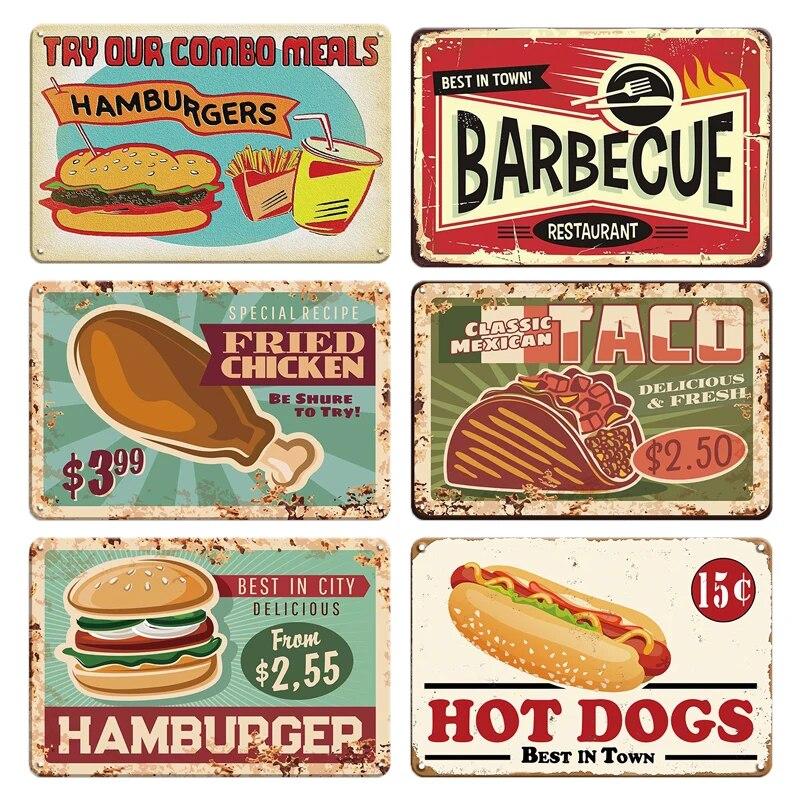 Burger Sign Best in Town 100% Beef BBQ Vintage Decor Hotdogs Kitchen Decorations Wall Plaque Retro Decor Vintage Food Sign