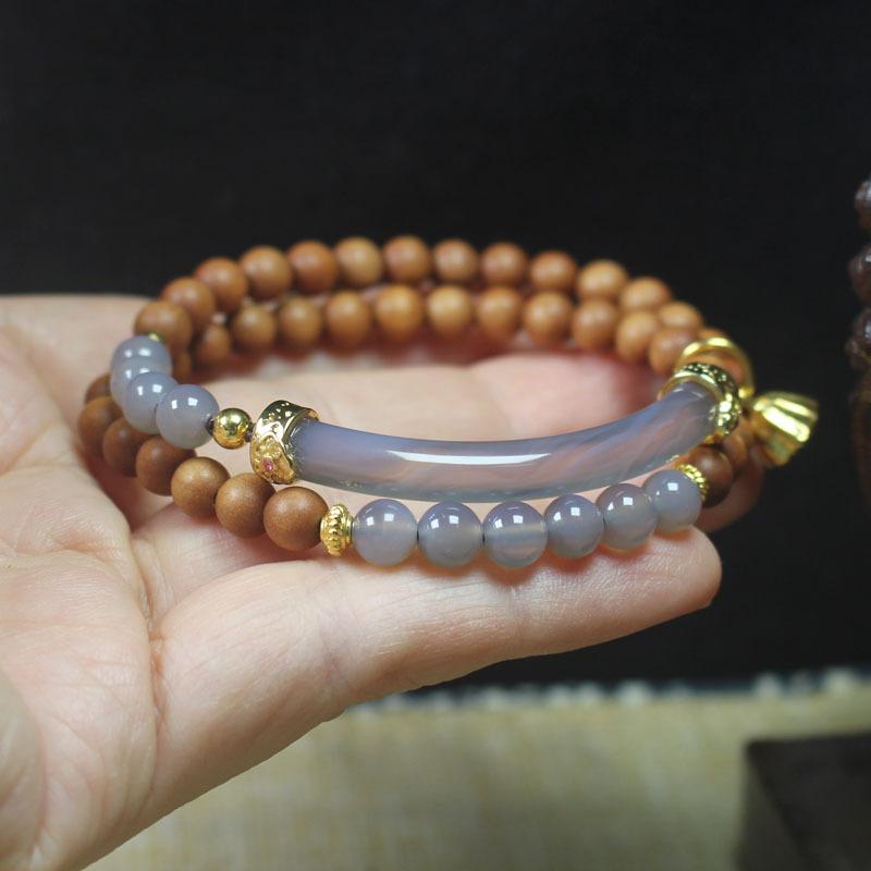 6mm Barbie Sandalwood Double Loop Bracelet, Gray Agate Half Bangle Bracelet, Lotus Pendant Wooden Jewelry