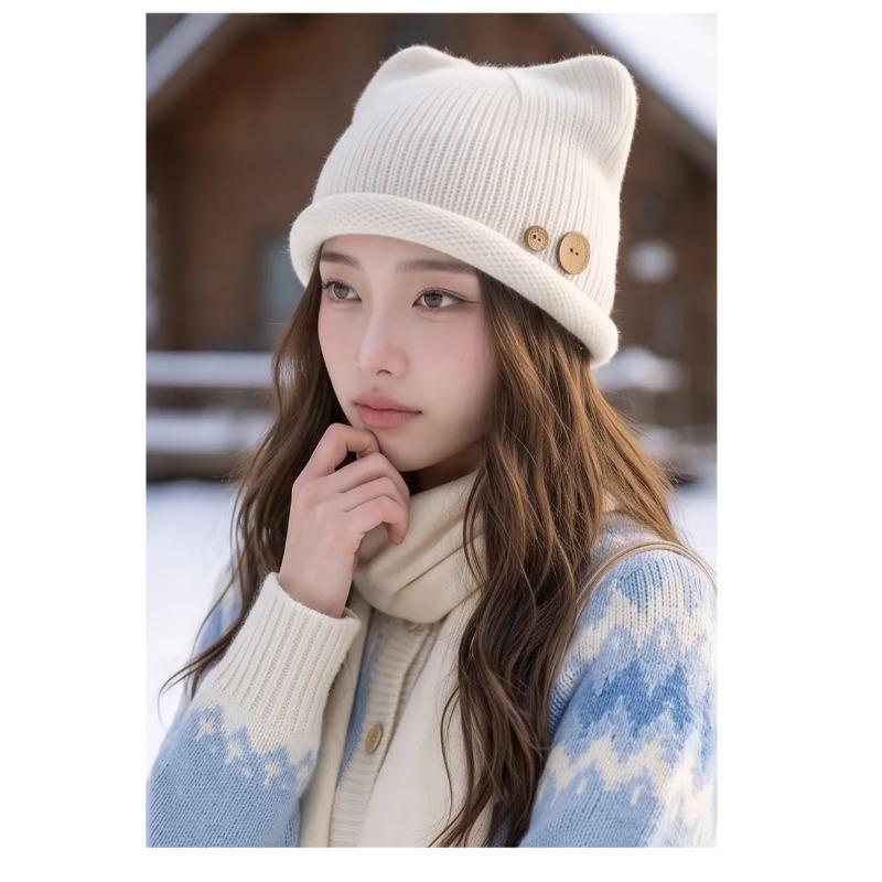 Japanese Sweet Style Cat Ear Button Beanie Knit Hat For Autumn Winter