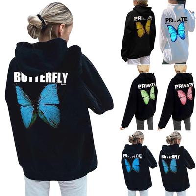 Moletom com Capuz Casual Oversized Feminino com Estampa de Borboleta Moda Elegante
