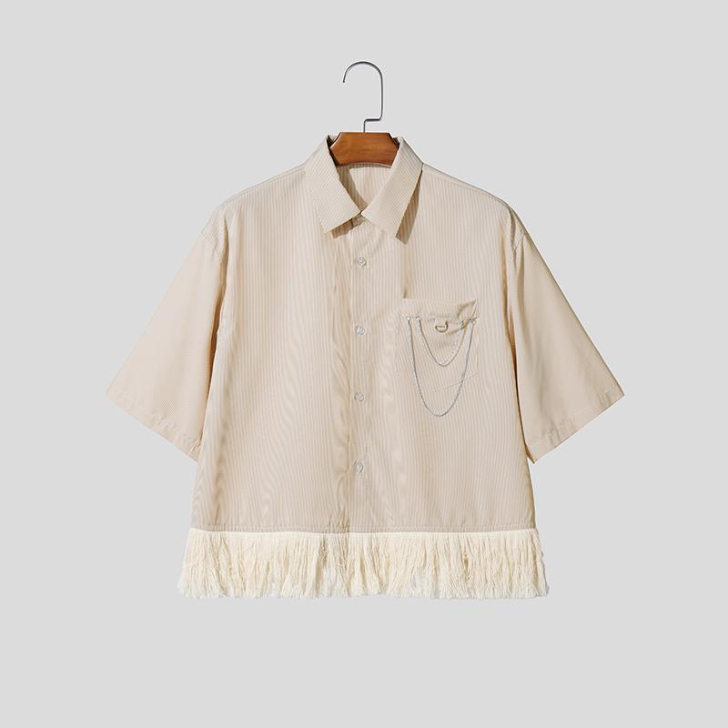 

INCERUN Summer Men Short Sleeve Chain Decoration Striped Loose Casual Tassel Shirts Tops M хаки