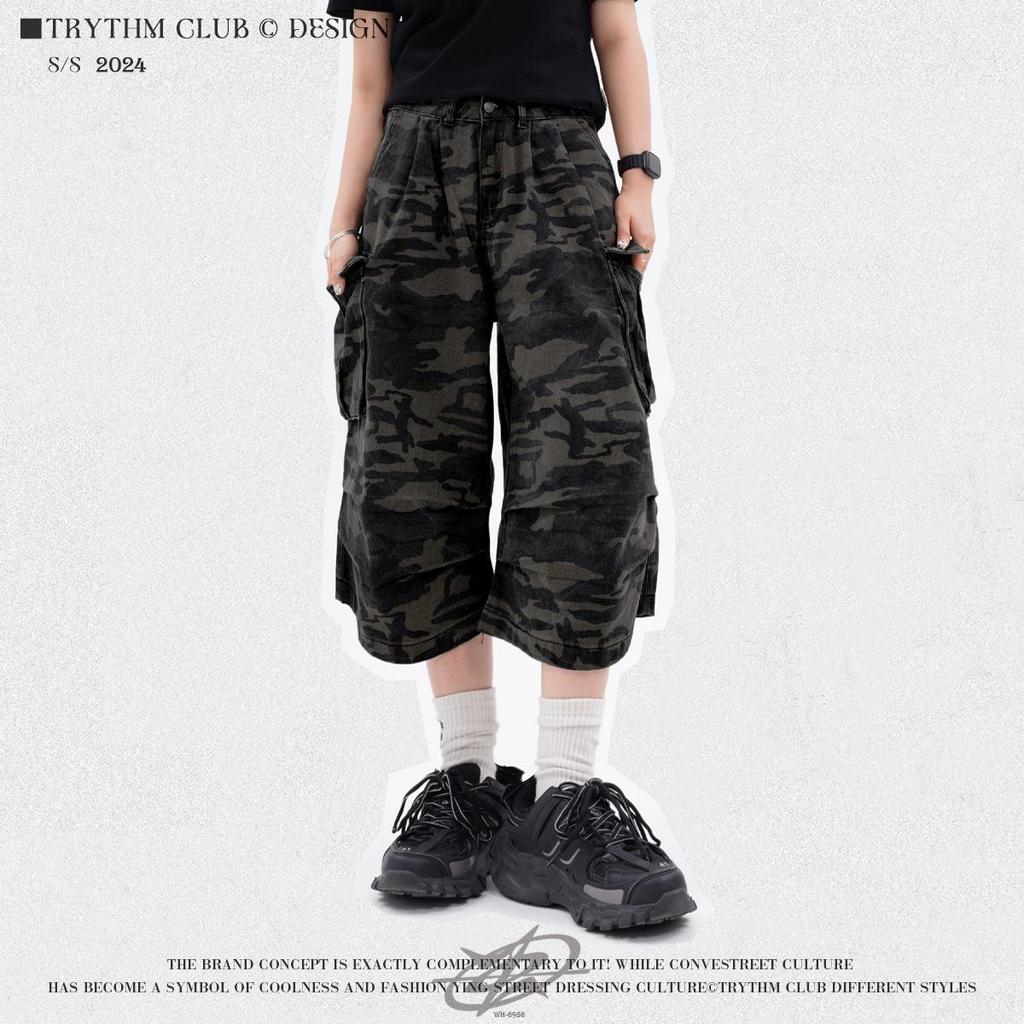 Salopetă Retro Camuflaj cu Talie Înaltă și Picioare Late cu Buzunare Multiple WHOOWAP