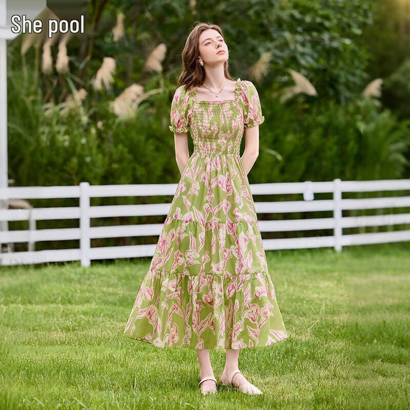 Women s Elegant Floral Square Neck Puff Sleeve Dress XL