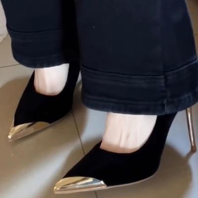 European and American Sexy Suede High Heels Stiletto 2025 New Metal Pointed Banquet Versatile Not Tired Feet French Single Shoes