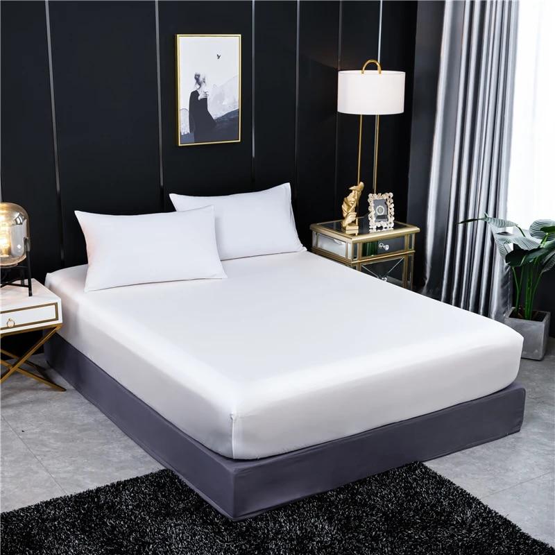 Natural Silk Fitted Sheet Luxury Solid Color Mattress Cover Double Queen Size Elastic Band Bed Sheet 160x200 180X200 Fit Sheet