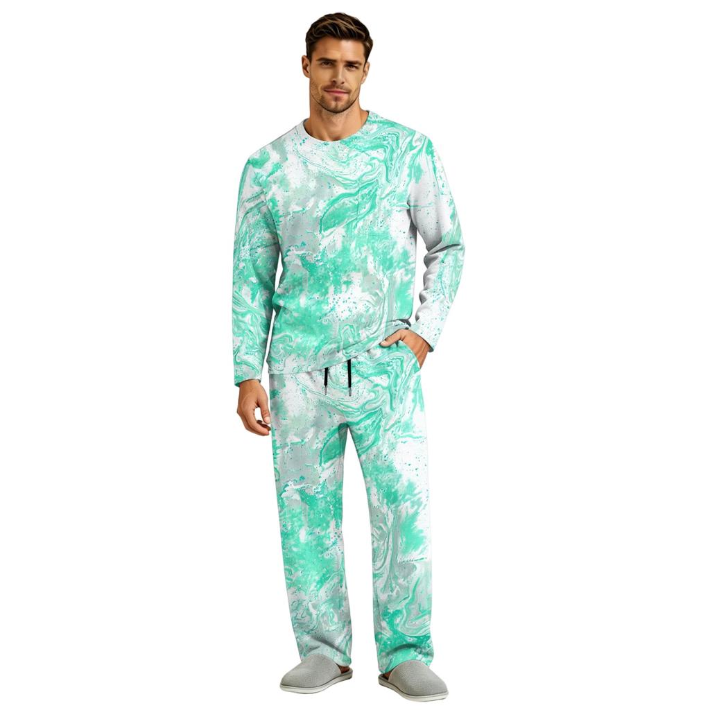 Men's Pajama Set Long Sleeve Top and Long Pants with Button Crotch and Elastic Drawstring Waist for Home Loungewear