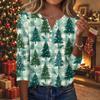 Women's Casual Christmas Print V-Neck 3/4 Sleeve Button-Front T-Shirt