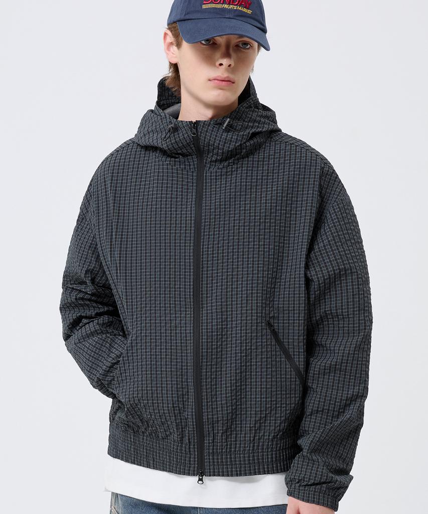 Trillion Check Pattern Hooded Zip-Up Windbreaker_Navy Black