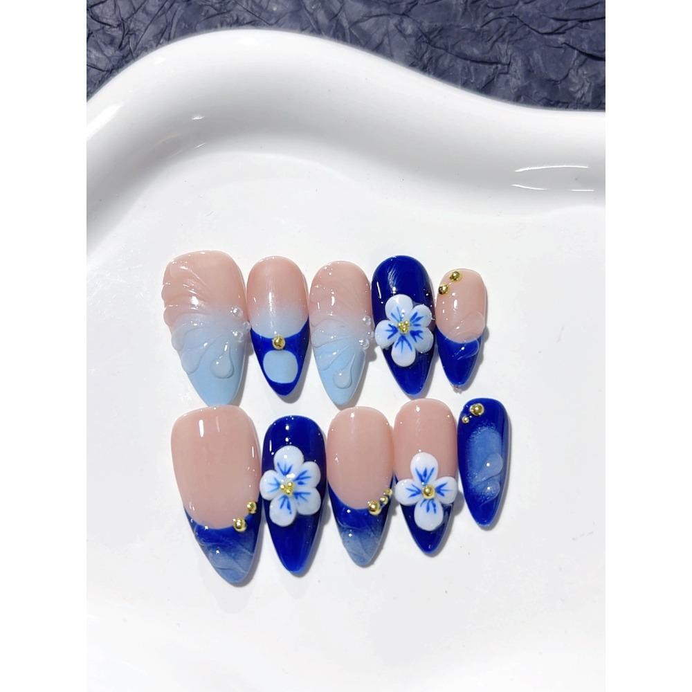 

Hand-worn Nail Wind Ice Through Shell Three-dimensional Carved Cat s Eye Almond Nail Removable Manicure L