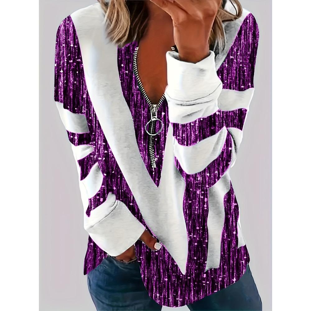 Autumn and winter extension color matching striped printing zipper T-shirt casual long-sleeved top large size women's clothing