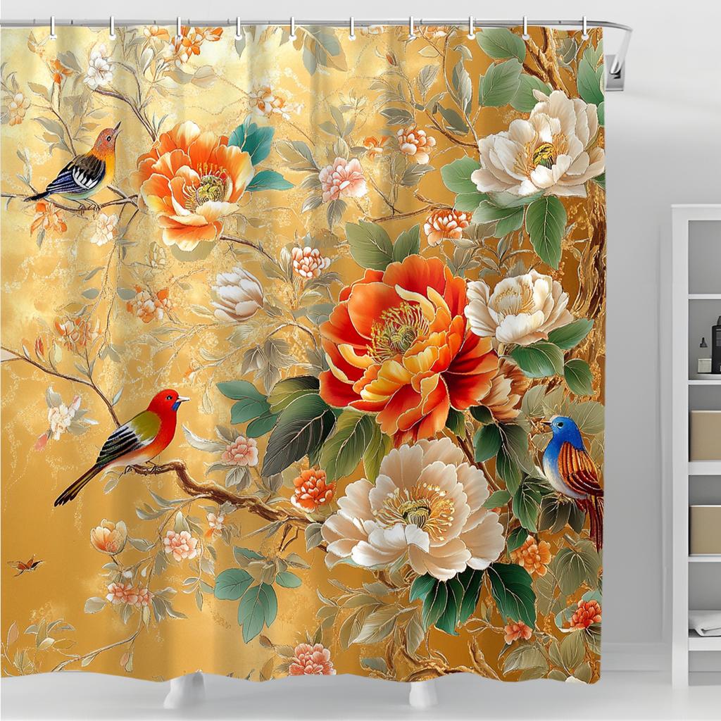 Enchanting Bird and Flower Shower Curtain - Vibrant Flower Wall Hanging for Living Room and Bedroom Decoration - Natural Style