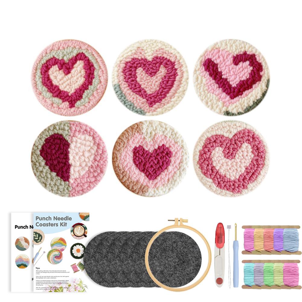 Valentine's Day Embroidery Kit Punch Needle Set Coaster Love Heart Cross Stitch Hand Tufted Magic DIY Craft Arts Sewing Set