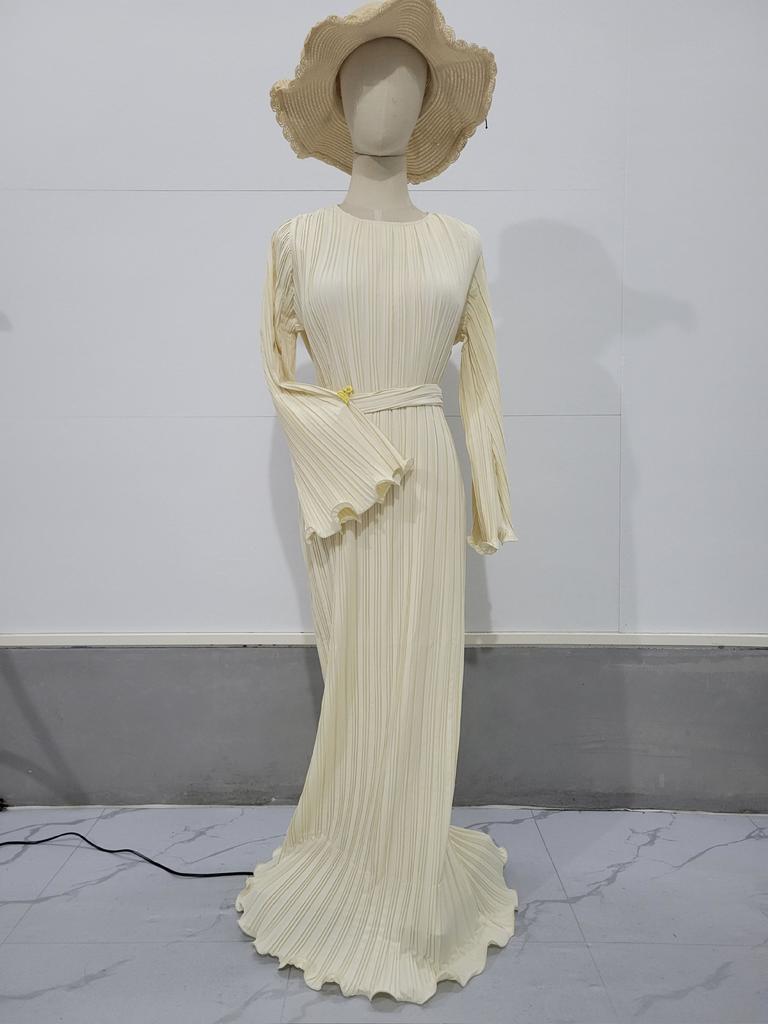 Pleated Maxi Dress Long Flared Sleeves Fitted Waist Elegant Women's Party Dress Casual Ankle-Length