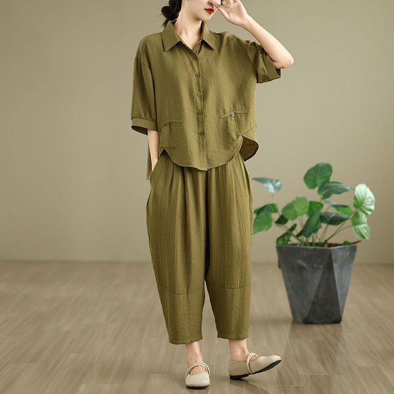 

Korean Middle Aged Mother Fashion Trousers Summer Ladies Short Sleeve Pant 2PCS Female Tops Casual Pantalons Two-piece Set 2XL зелений