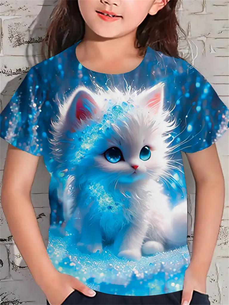 Fun Girl T-shirt Summer Short Sleeved Top Cartoon Animal Cat 3D Printing 2025 Girl Clothing