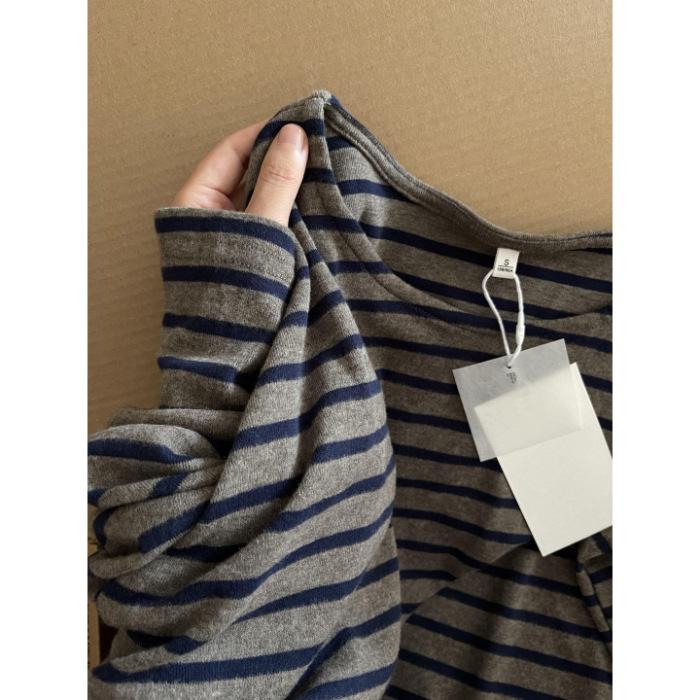 Korean lazy gray-blue striped polished long-sleeved T-shirt women s autumn and winter round neck loose and thin soft waxy bottoming shirt top S