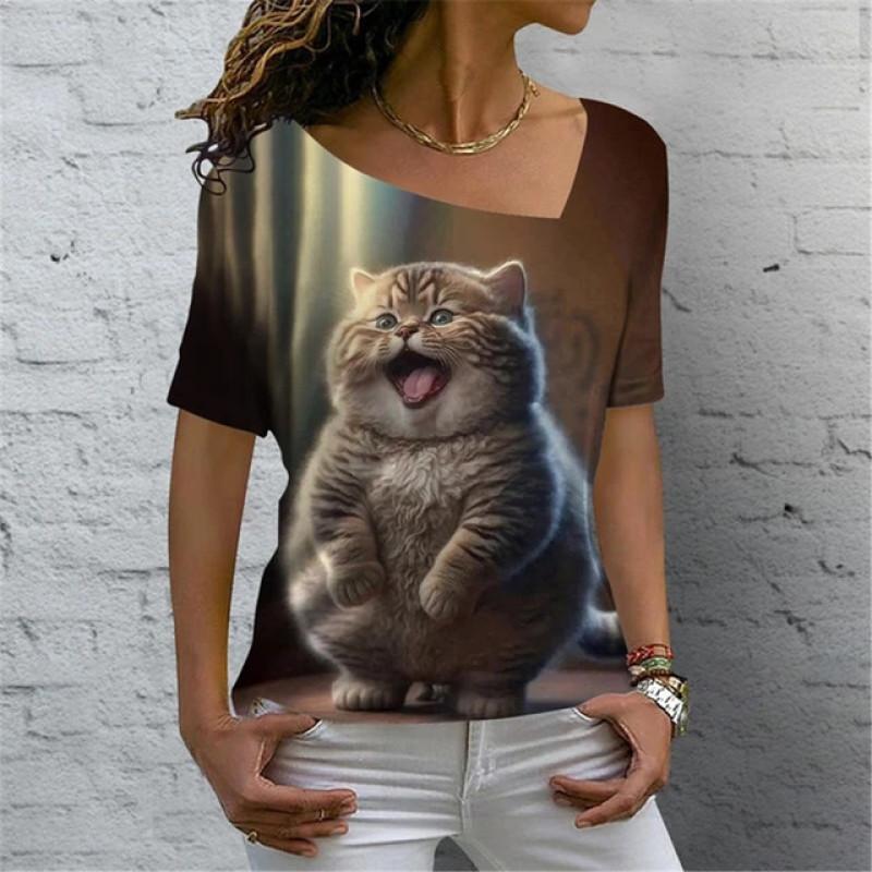 Sexy Scollo Obliquo Gatto Carino Stampa 3D Versatile T-shirt da Donna Vintage Harajuku Manica Corta Estiva Casual Abbigliamento Femminile