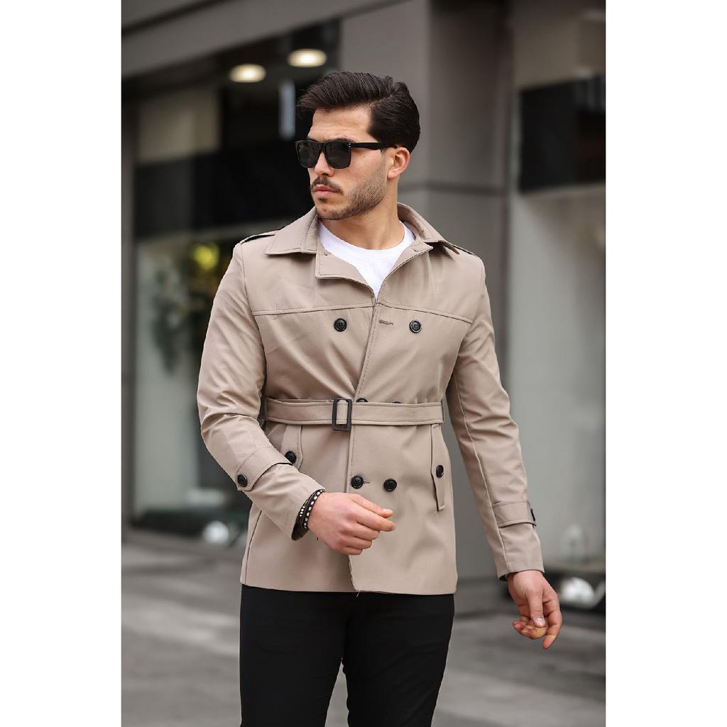 Men's Black Seasonal Lined Belted Double Breasted Trench Coat