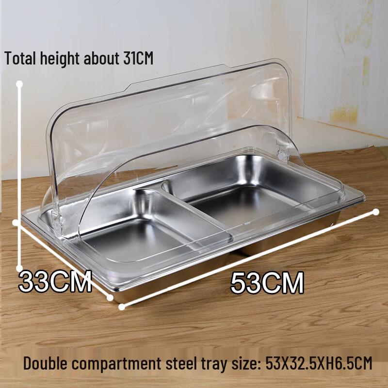 Stainless Steel Buffet Tray with Double Grid and Transparent Flip Lid