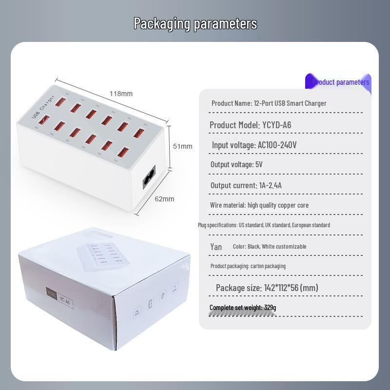 12-Port USB Charger, 60W Fast Charging Station, Multi-Port Power Strip, Compatible with Apple & More