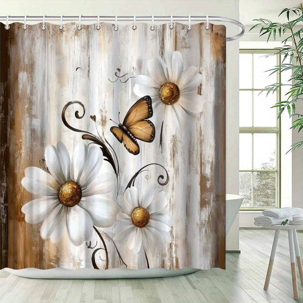 Watercolor Daisy Butterfly Shower Curtain - Rustic Wood Background, 3 Daisies & Butterfly, Vintage Whimsical Romance